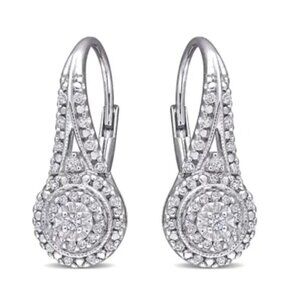 NWT Nearly 1/2 Carat Natural Diamond Double Halo Leverback Hoop Earrings, 3/4"